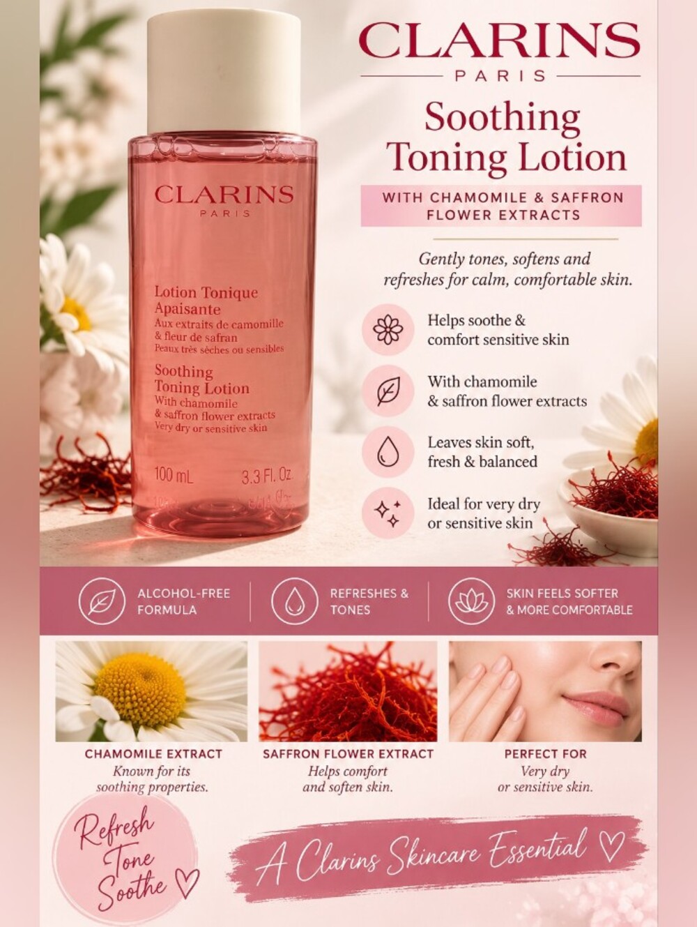 Clarins Soothing Toning Lotion Chamomile & Saffron 3.3 oz 100mL